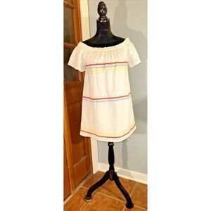 Kindle Dress Womens Small White Ric Rac Off Shoulder Mini LD42376 Boho Cotton